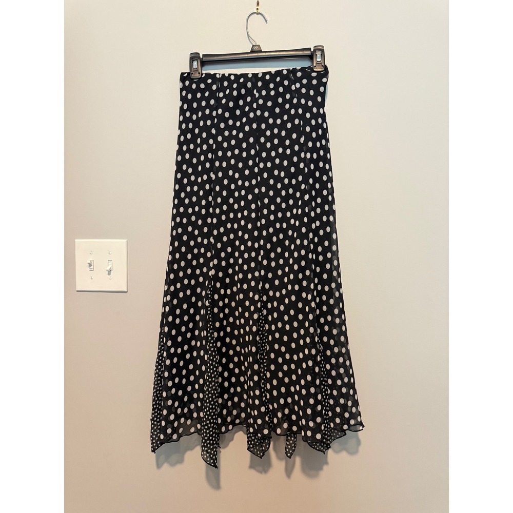 Damart Polka Dot Handkerchief Hem Midi Skirt Black White Chiffon Lined UK 12